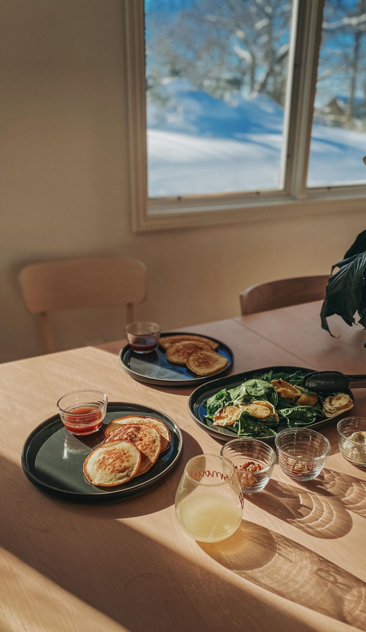 Lemon Ricotta Pancakes with Syrup & Crème plus spinach orange salad