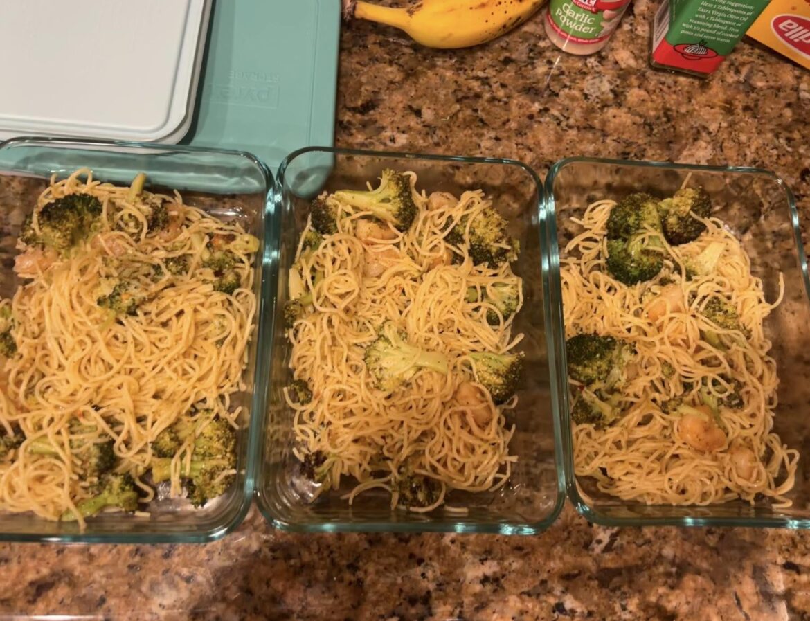 aglio olio protein pasta with shrimp and lemon parm broccoli!
