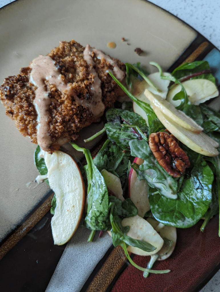 Pecan crusted chicken and salad