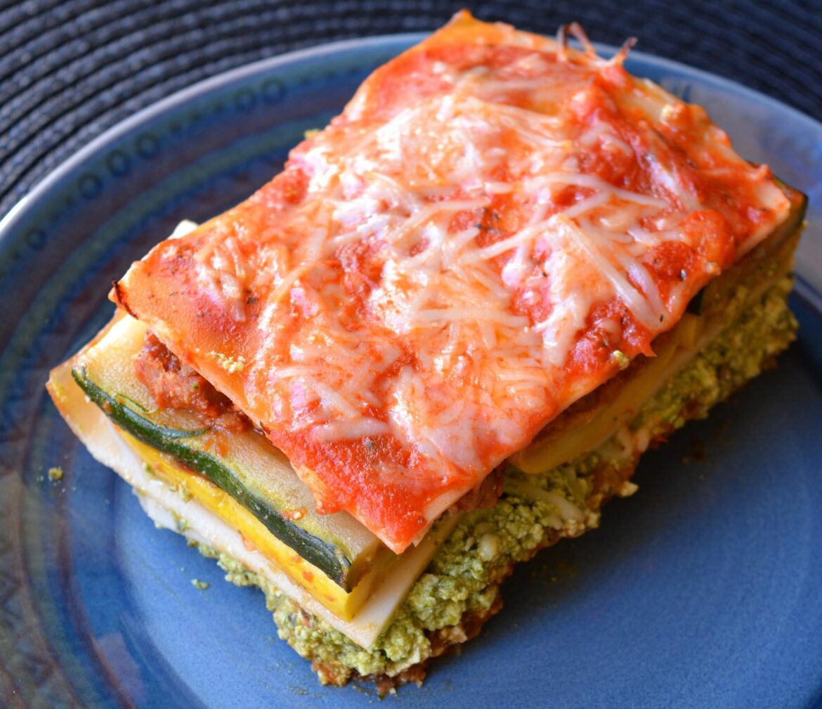 Lower calorie, higher protein pesto veggie lasagna. Featuring my new vegan ricotta recipe and low cal noodles. I give it 10/10. Recipe in comments.