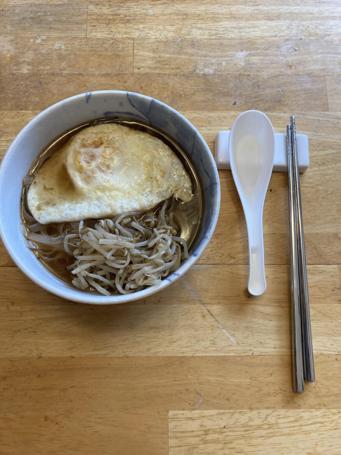 Over Medium Egg, Mama Pho Bo with Blanched Bean Sprouts with Sesame Oil