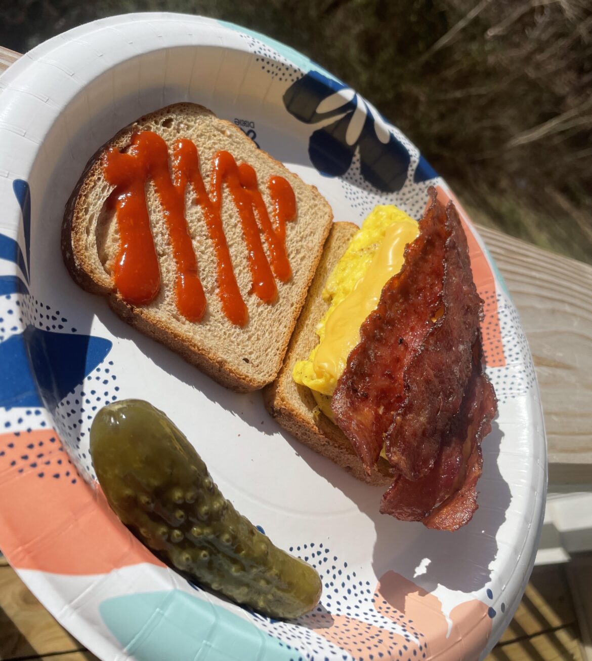 Turkey bacon, egg and cheese w/ blue agave sriracha and a fermented dill 🌞