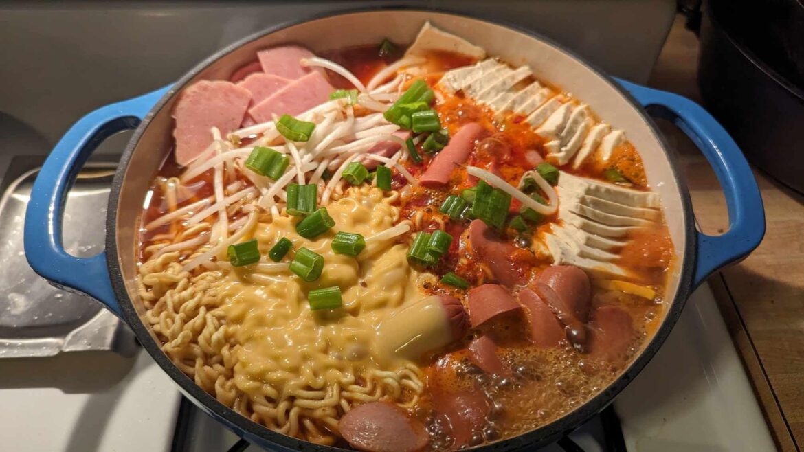 First attempt at Budae Jjigae (or booty jiggle as my friend calls it)