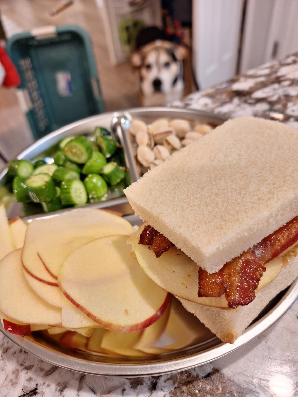 Peanut butter, bacon, and apple sandwich on crustless bread