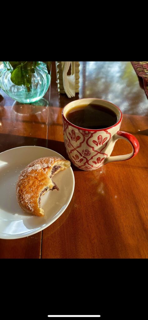 Red bean filled donut and freshly brewed black coffee!!