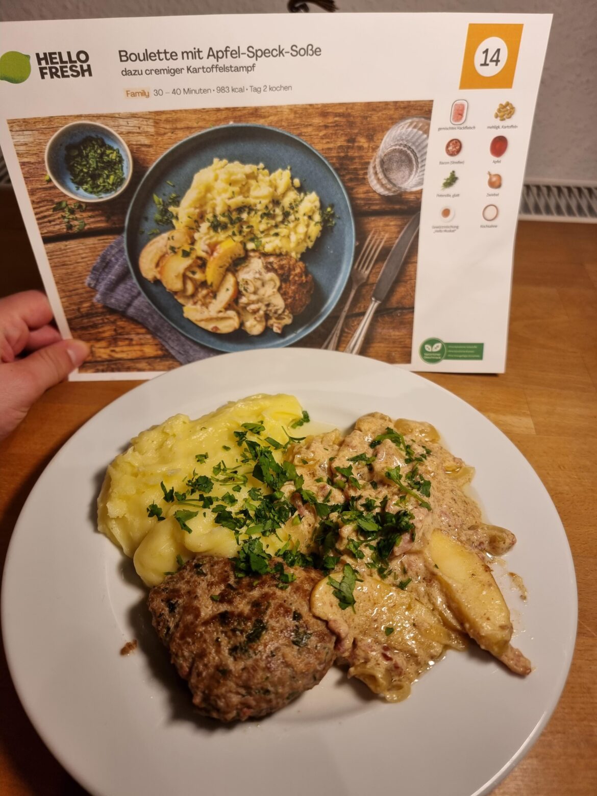 Meatball with apple and bacon sauce served with creamy mashed potatoes