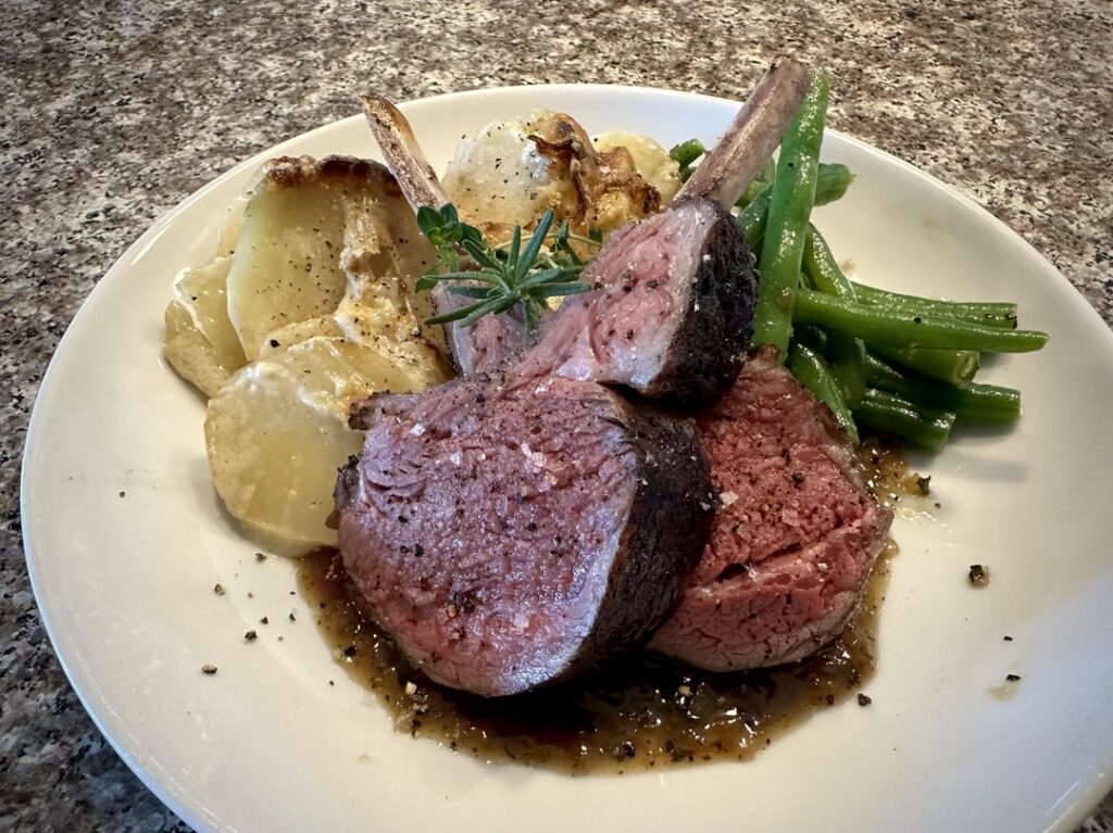 Kenjis sous vide rack of lamb and hasselback potato gratin