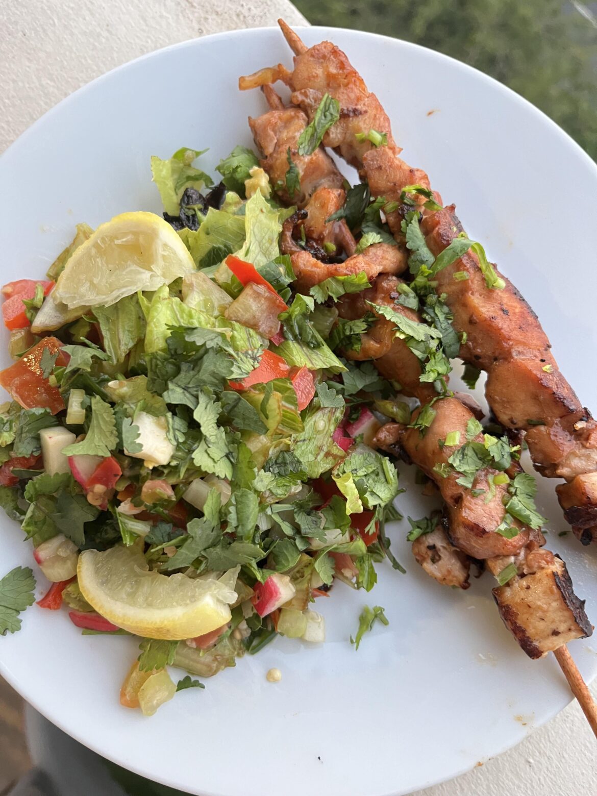 Chicken kebab skewers and salad