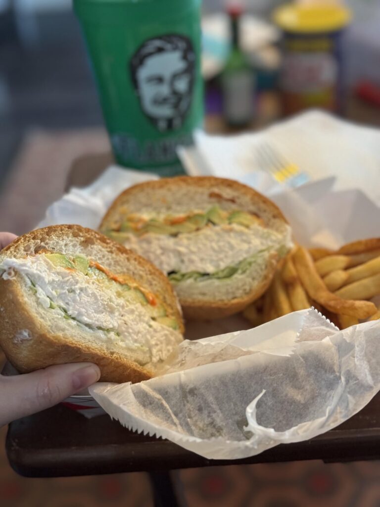 Chicken salad sandwich (Peruvian style) with fire sauce and avocado on Rosetta roll from J28 (Hollywood, FL)