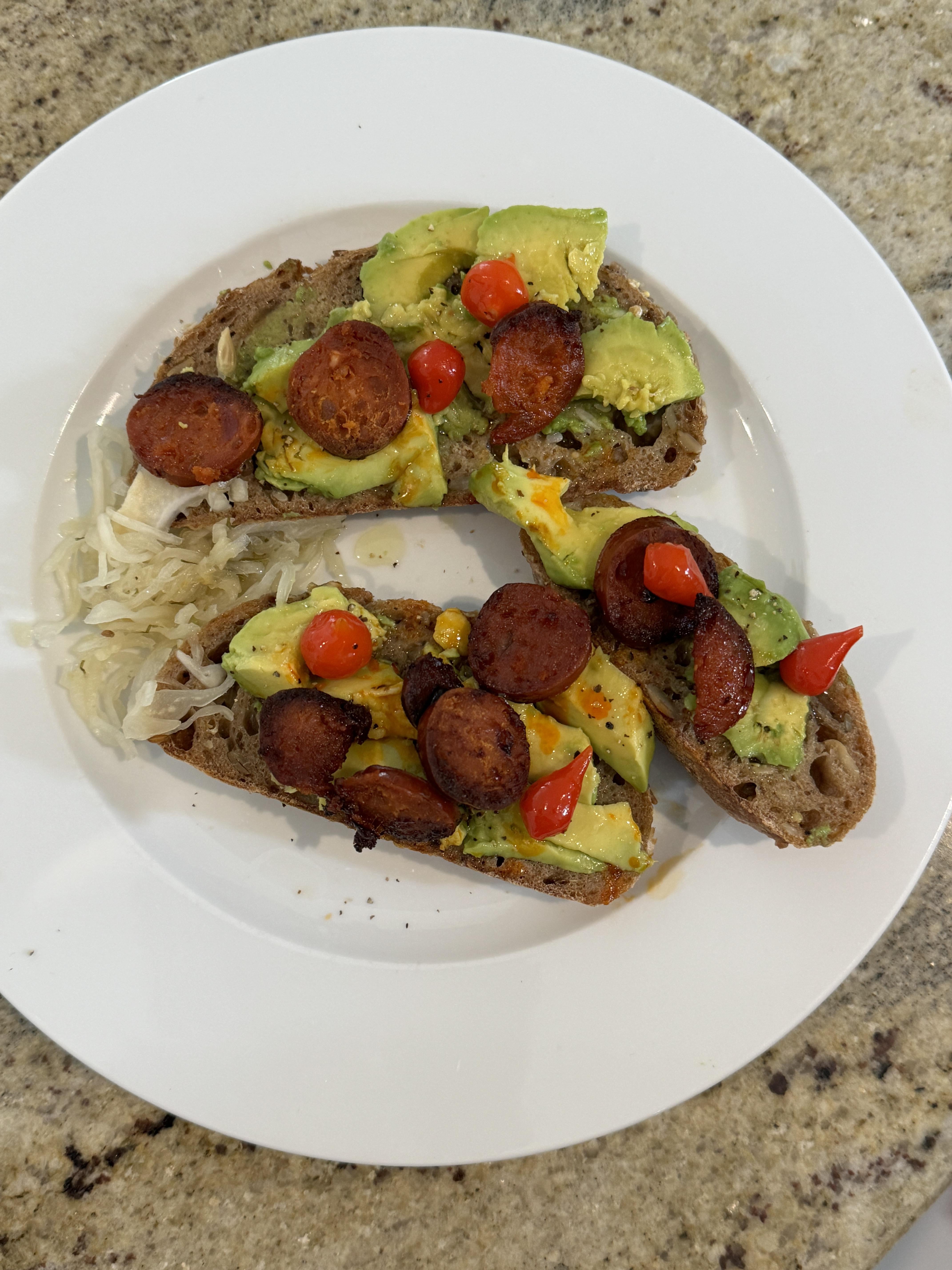 Sourdough, avocado, sauerkraut, chorizo Dining and Cooking