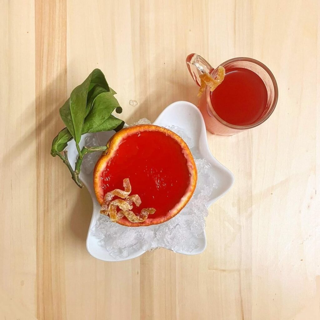 Blood Orange Panna Cotta with Candied Peel, served with freshly made Orangecello
