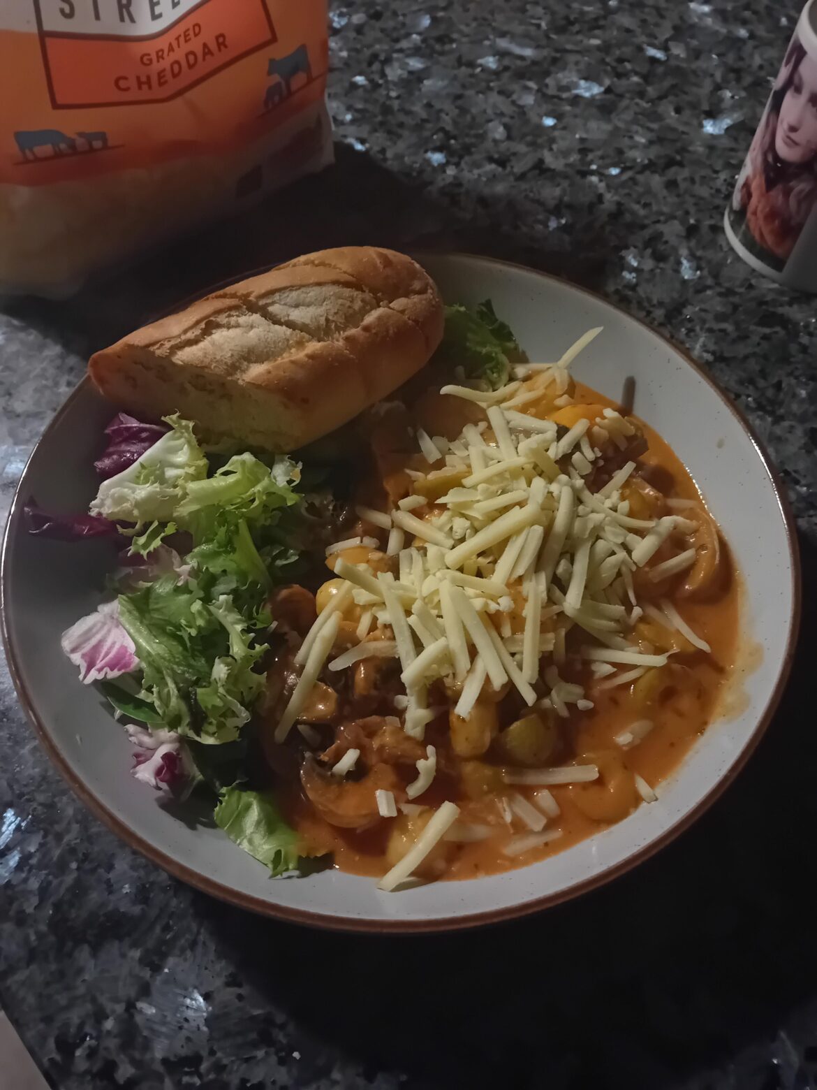 Pasta, salad, garlic bread