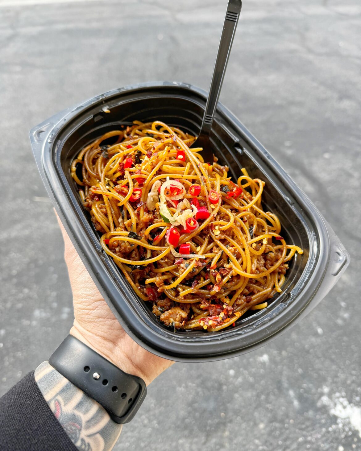 Lunch: Spaghetti kee mao and a heavy splash of prik nam pla
