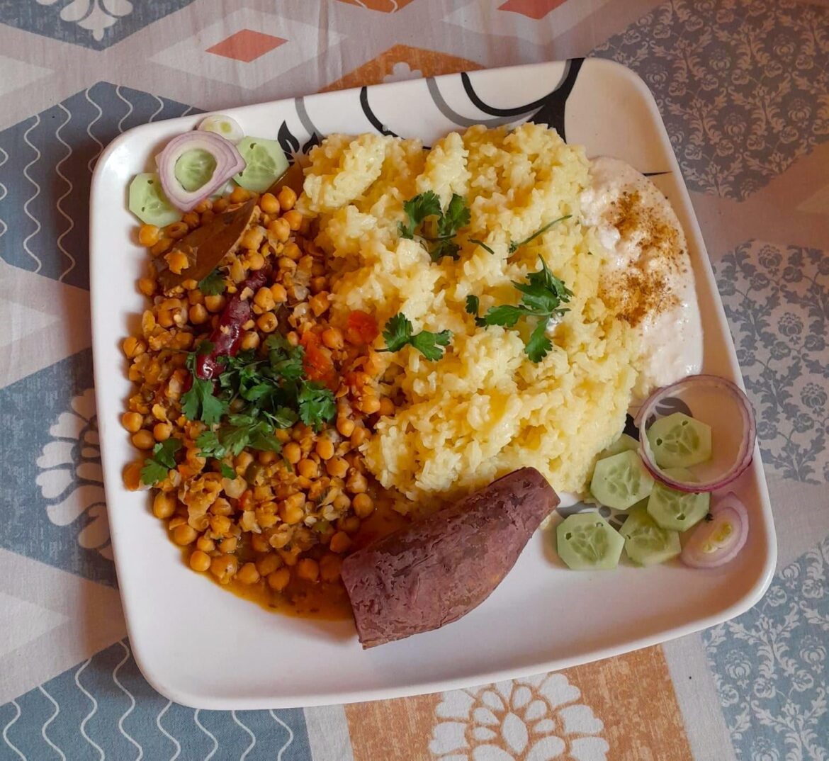 Doaba Style Culinary = HEAVY PORTIONS! Chole Chickpeas, Rice and Sweet Potato with raita dip!