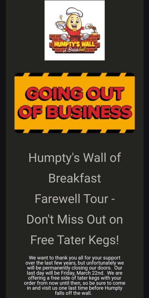 Humpty's Wall of Breakfast Closing Down :(