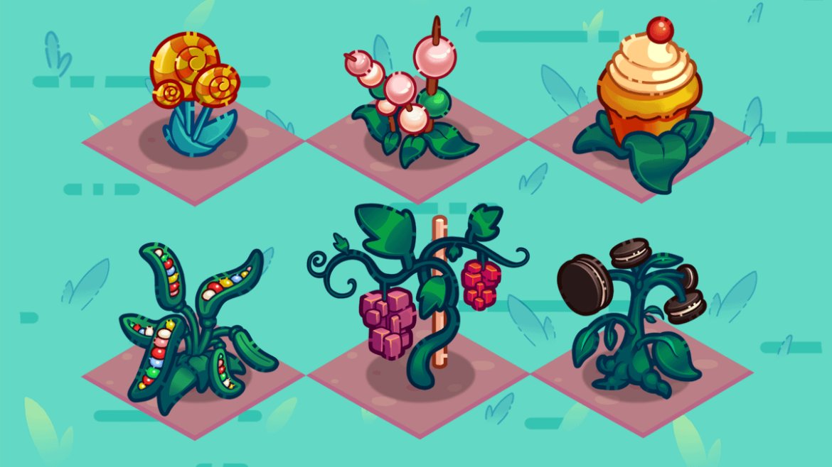 Hi! I'm making Peppermint Falls, a farming game where everything is made of sweets. Can you guess what sweets are these plants based on?