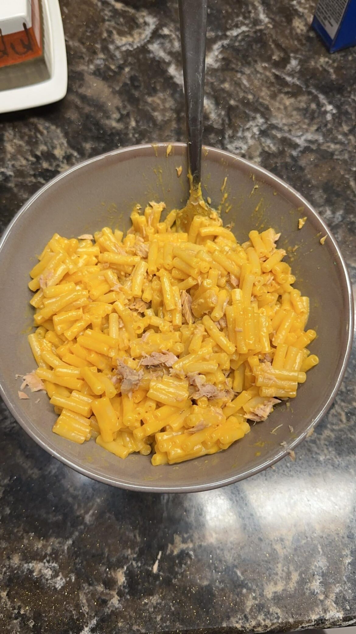 poor man’s tuna casserole. kraft mac and cheese with a can of tuna