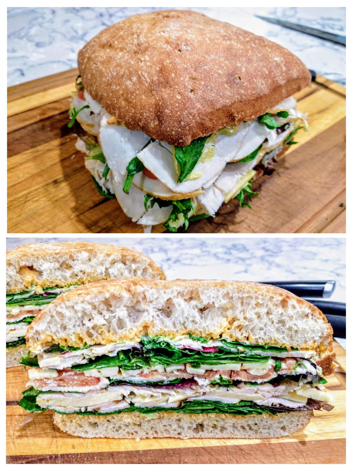 Homemade Chicken Sandwich - Roasted Chicken, Emmental Cheese, Pepper Jack Cheese, Tomato, Spring Mix Lettuce, and Chipotle Mayo on Ciabatta Bread.