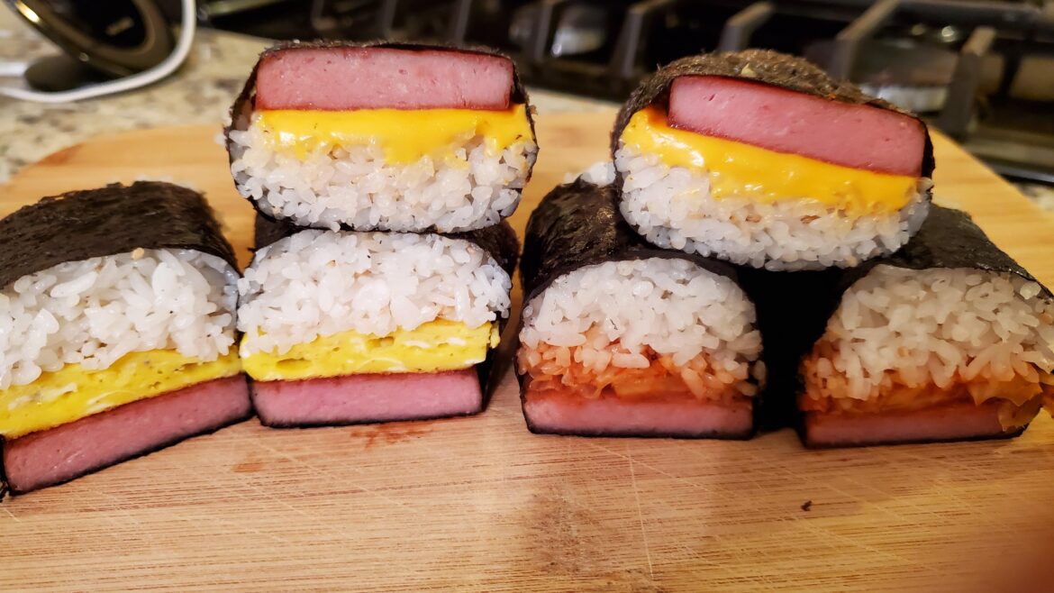 Late night snack. Made Spam musubi three ways. One with the egg,   American cheese, and kimchi.