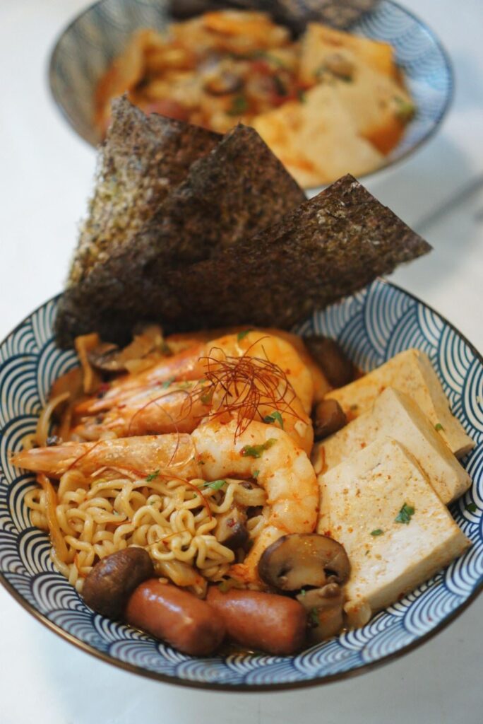 My version of army stew - Shrimp, tofu, sausage with  Shin Black noodles