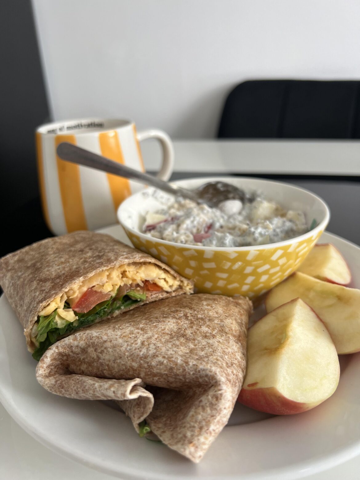 Splitting my day into two meals: meal 1- chickpea wrap with oatmeal side!