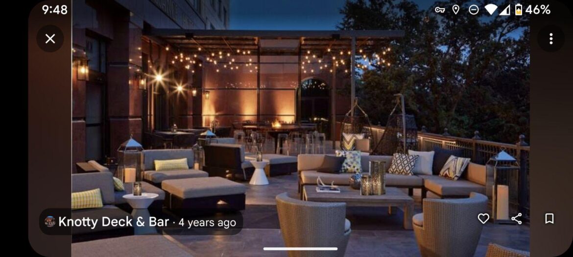 Hotel patio like the Knotty Deck and Bar I can take my wife tomorrow morning to go have birthday breakfast and read?