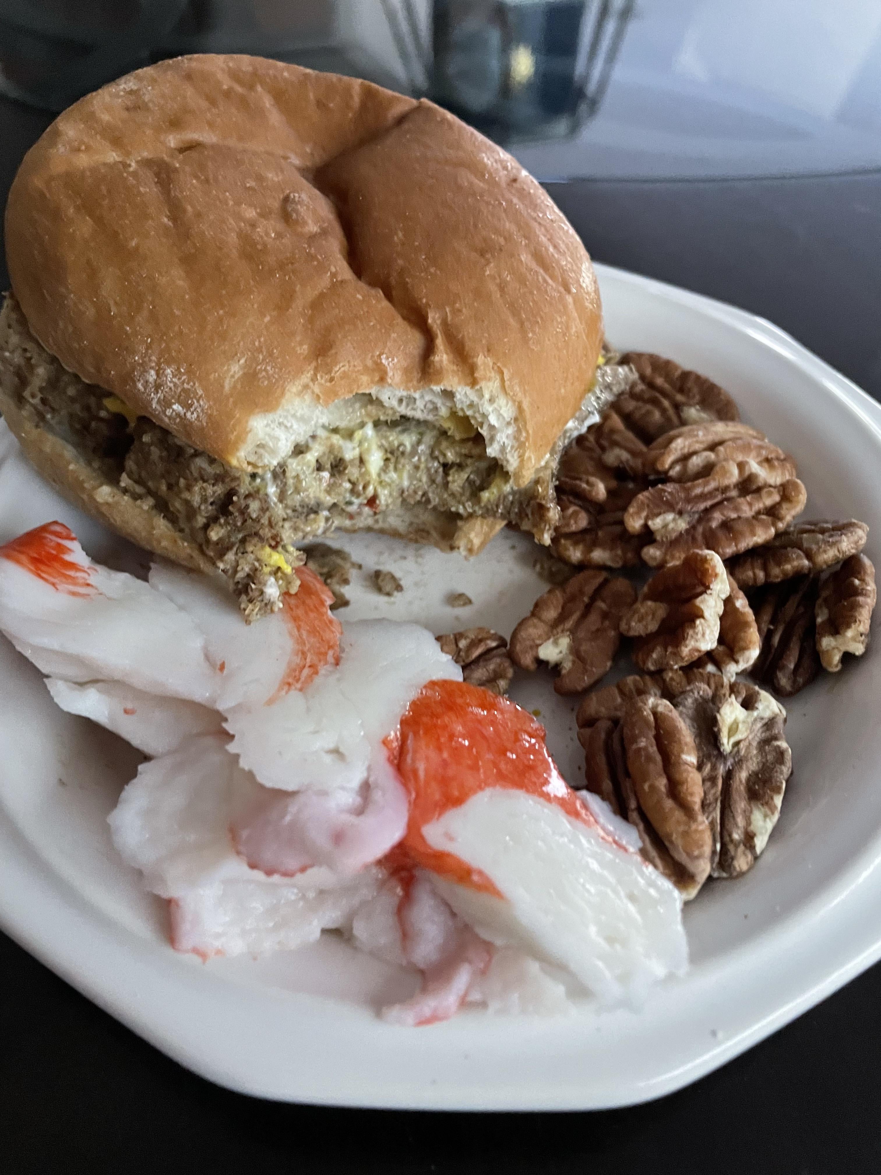 Livermush sandwich with imitation crab and pecans for breakfast