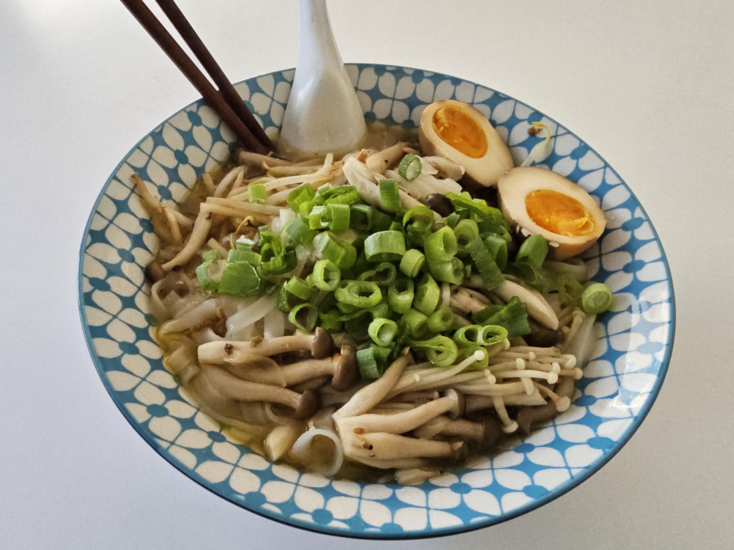 Quick lunch ho fun noodles with enoki and shimeji mushrooms, and an ajitsuke tamago Dining
