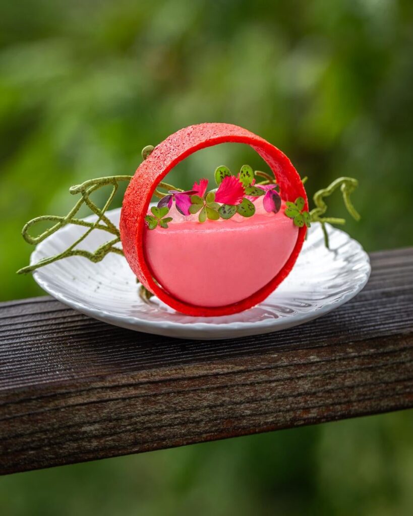 Almond Shortcrust with White Chocolate Coated Raspberry Crémeux, Lychee Gel, Matcha Dark Chocolate, Oxalis, and Carnation