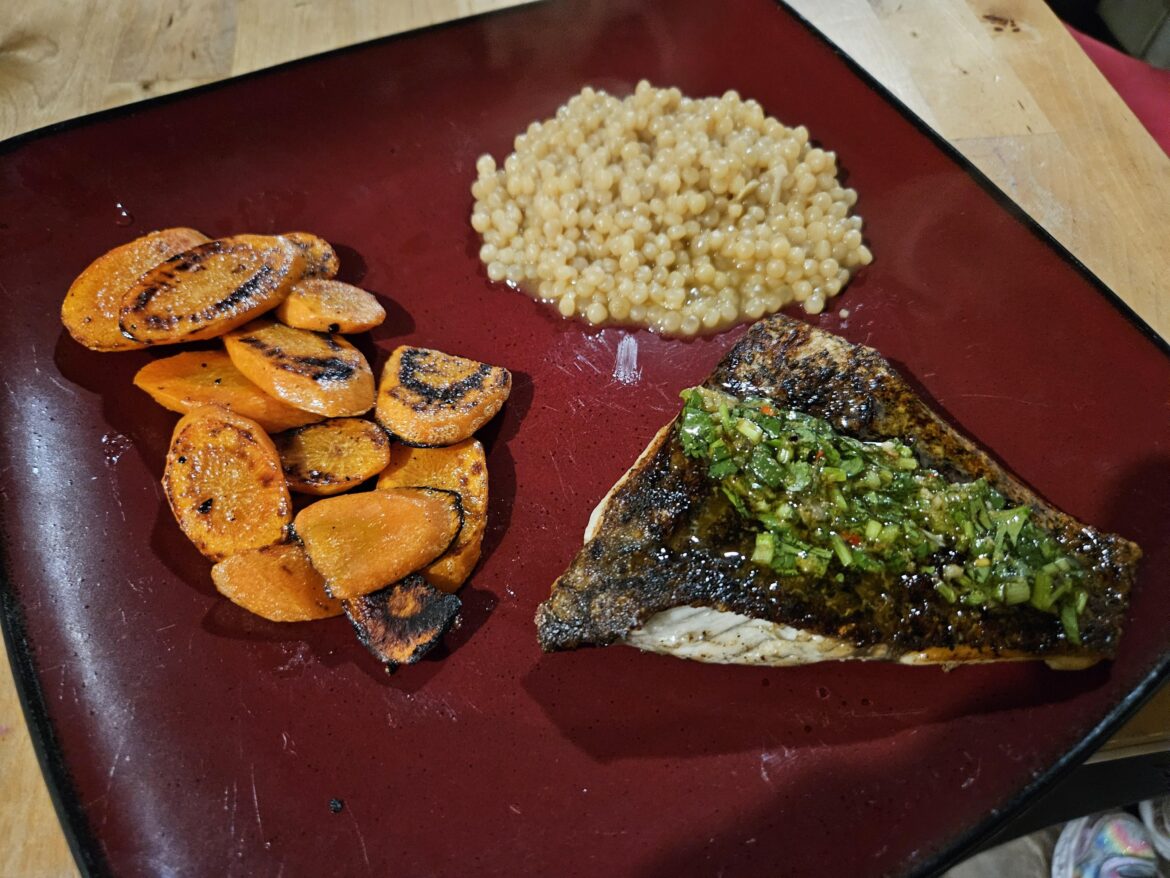 Barramundi with Zesty Cilantro Sauce
w/Buttery Carrots & Garlic Couscous