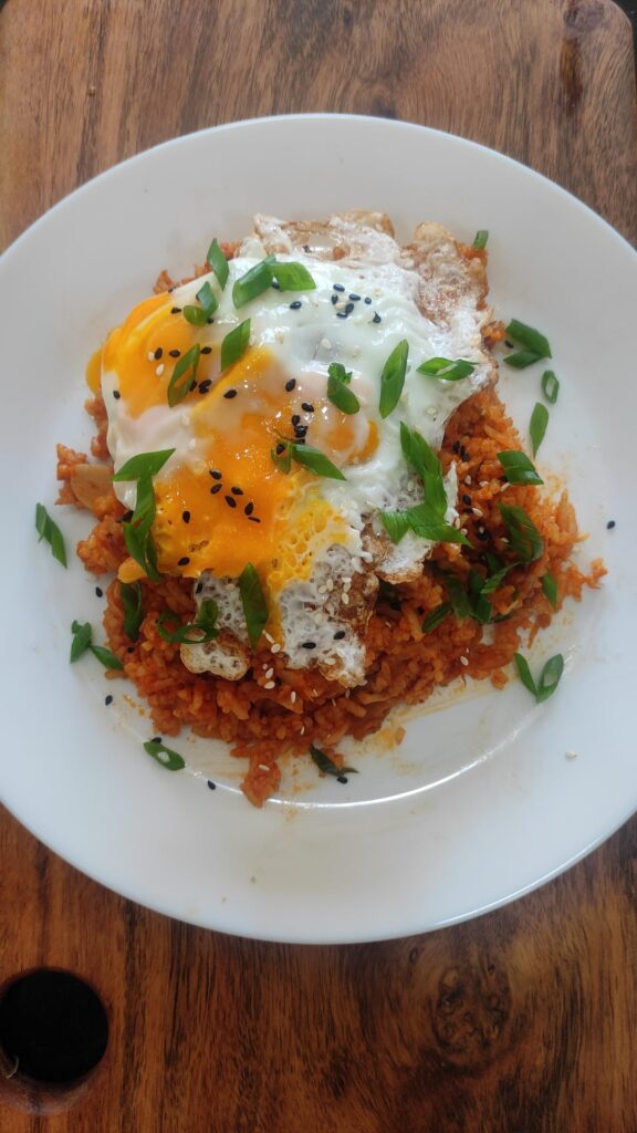 My first attempt at Kimchi Fried Rice (without and with Chilli oil)