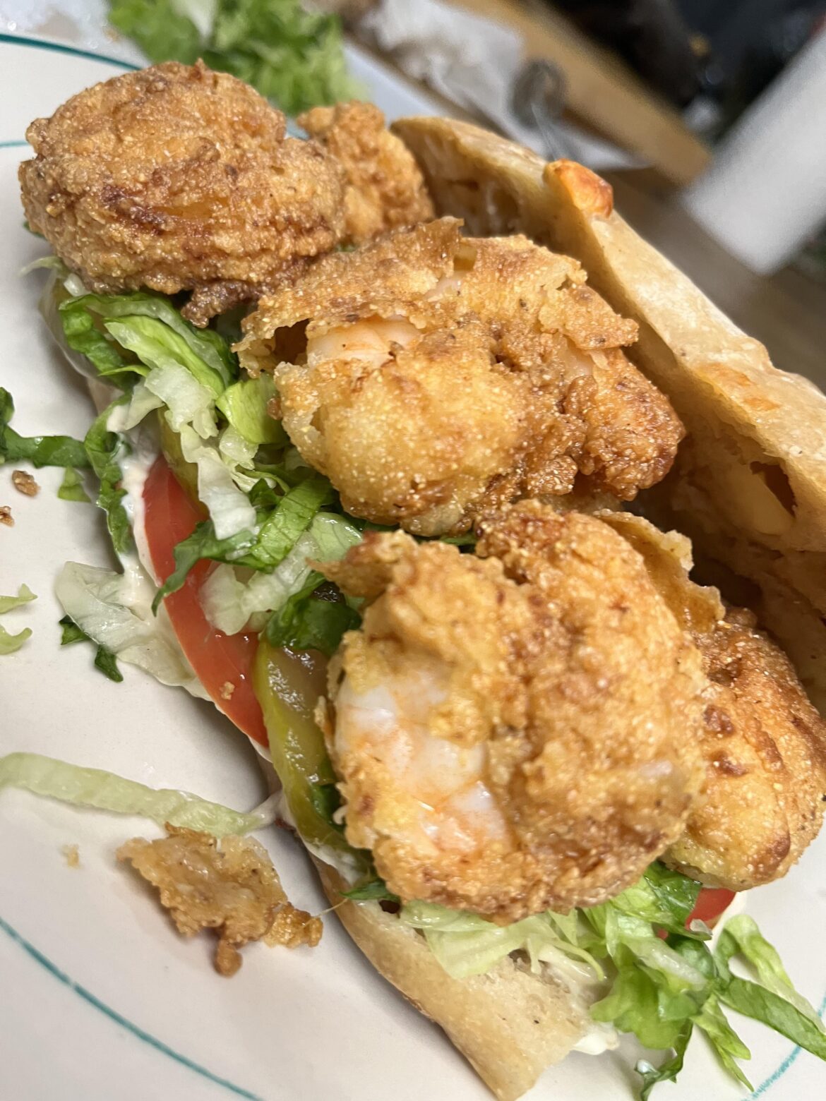 Shrimp po boy on sourdough ciabatta