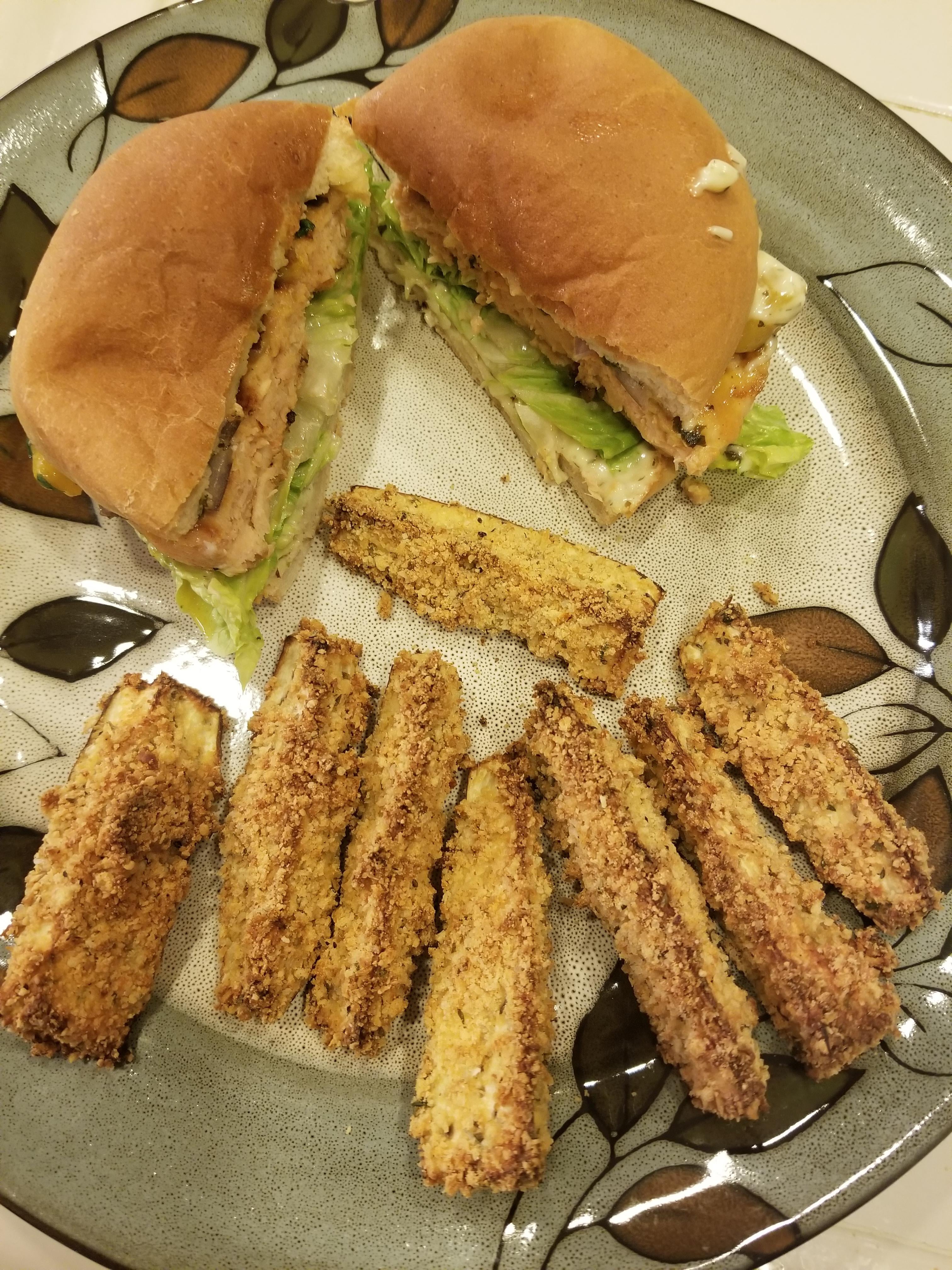 Salmon burgers w/dill sauce & mango salsa, and baked eggplant wedges
