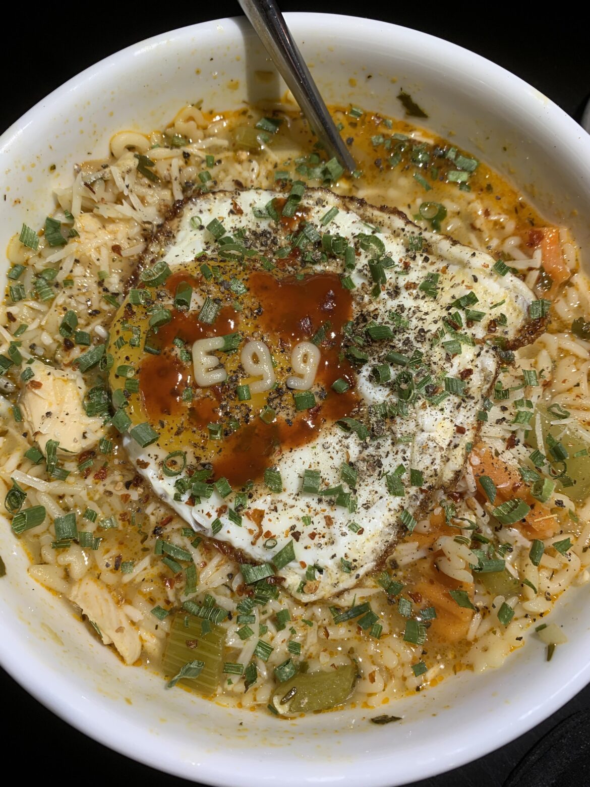 Egg on alphabet soup