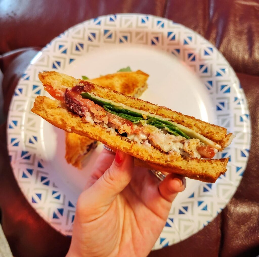 Lil cranberry chicken salad sammy with havarti cheese, tomatoes & assorted lettuce on brioche bread 🥪