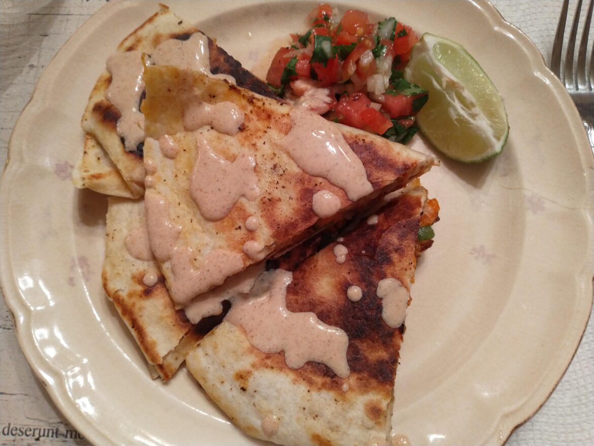 Sweet Potato & Pepper Quesadillas w/ Southwest Crema and Tomato Salsa