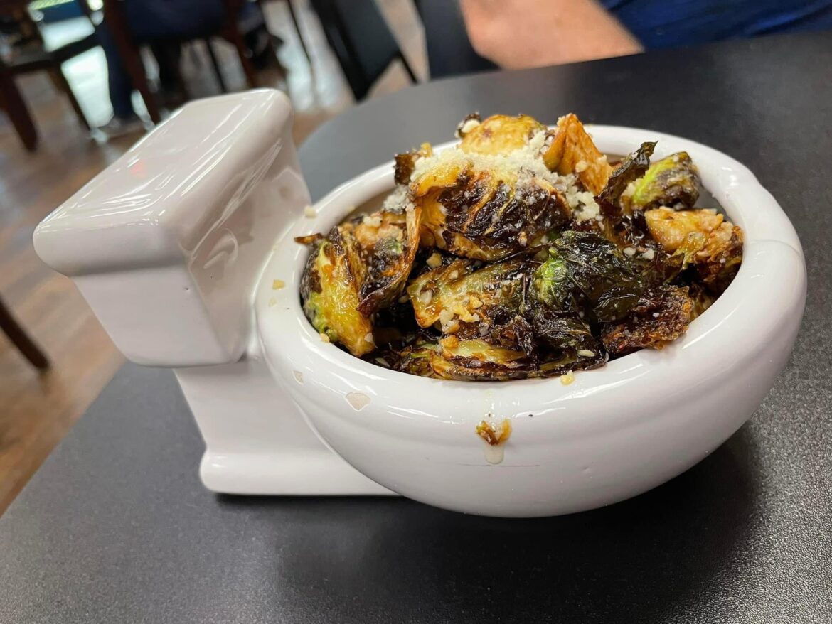 Roasted Brussels Sprouts served in a toilet