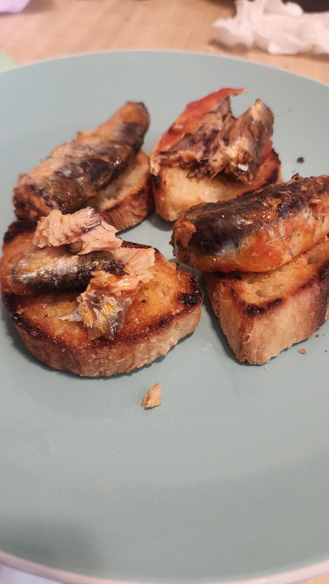 Nuri Sardines in spiced tomato sauce on homemade baguette Dining and