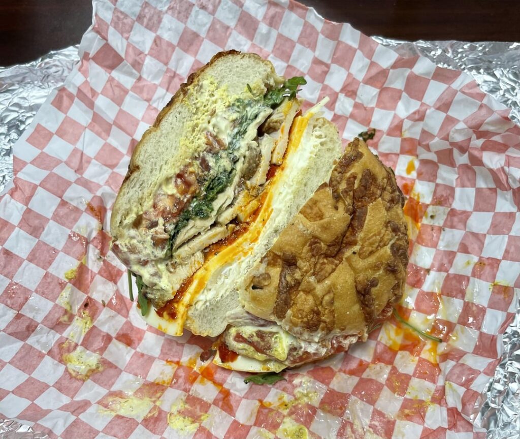 grilled chicken sandwich on a cheese kaiser