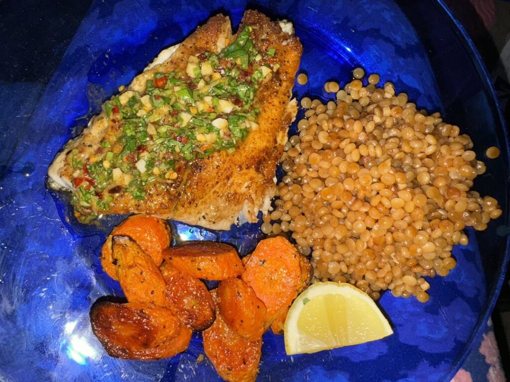 Barramundi and Zesty Cilantro sauce. This is my first HF box, and so far I’m impressed! I’m usually too scared to try the fish, but it was great.