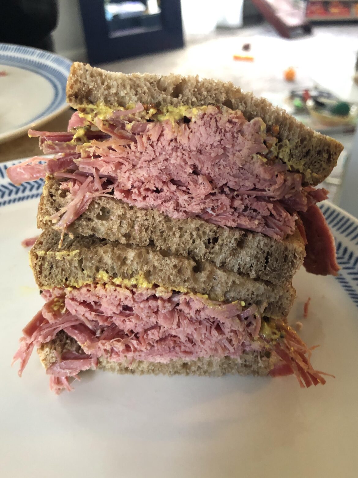 Homemade corned beef, mustard blend, marble rye