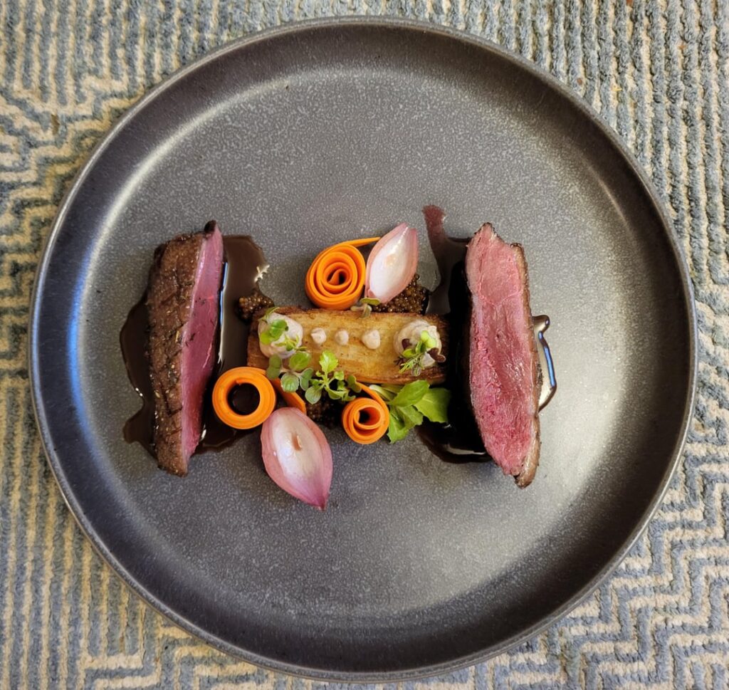 Mallard breast, potato pave, shiitake puree, quick pickled shallots, brassica and endive micros, pickled mustard seeds, shiitake ketchup-based sauce