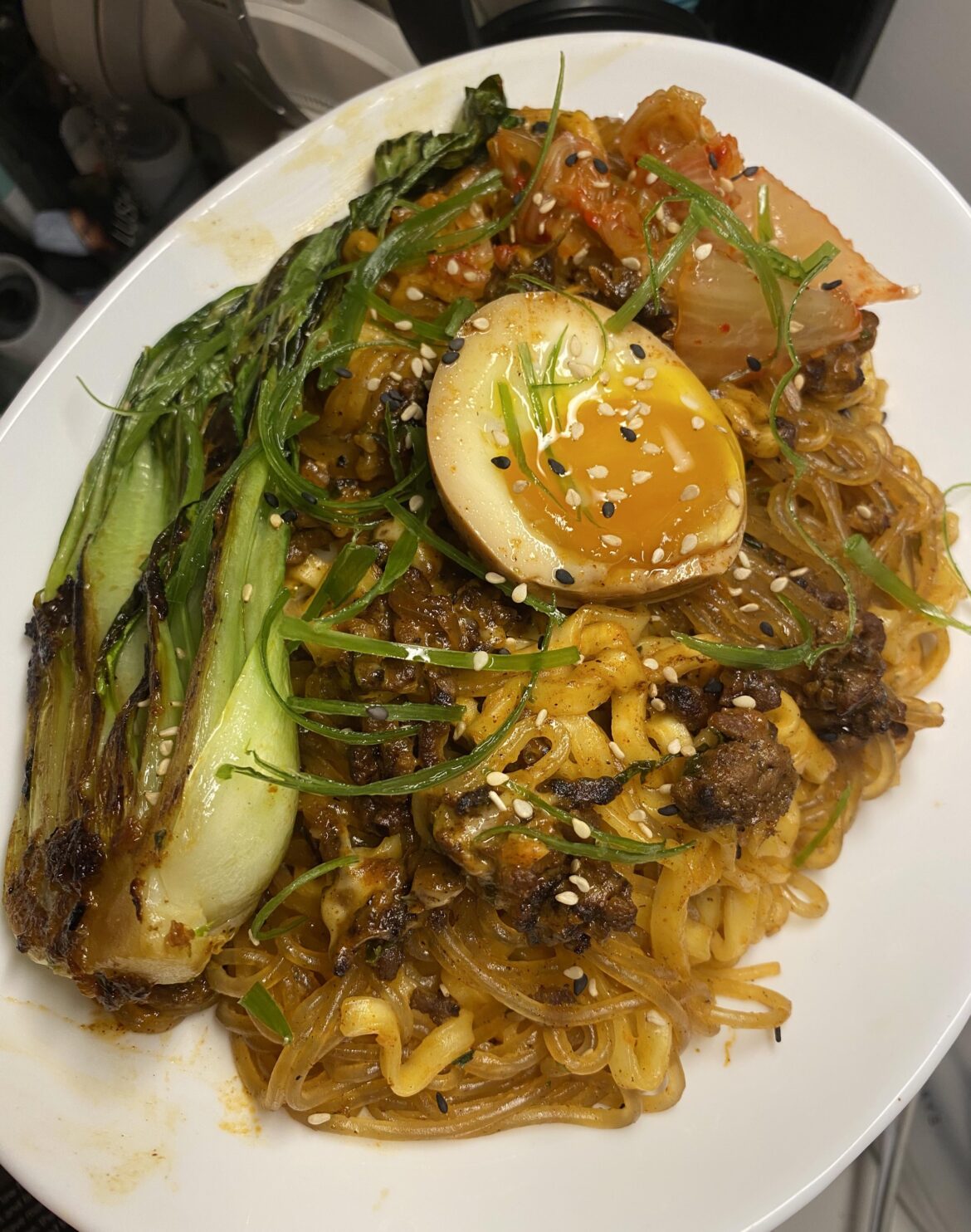 Glass noodles stir fry w/ beef & ramen egg