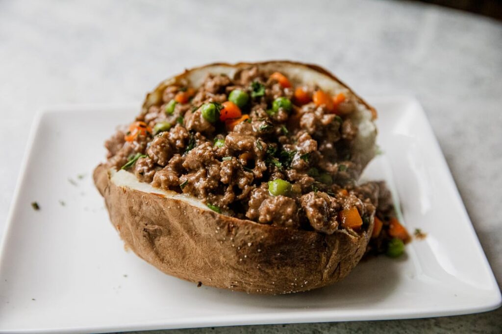 Shepherd's Pie Smoked Baked Potatoes (recipe link on the photos)