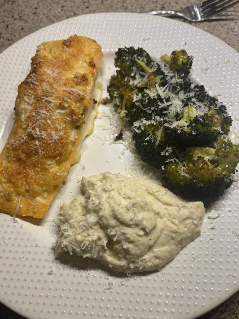 Salmon, broccoli and mashed cauliflower