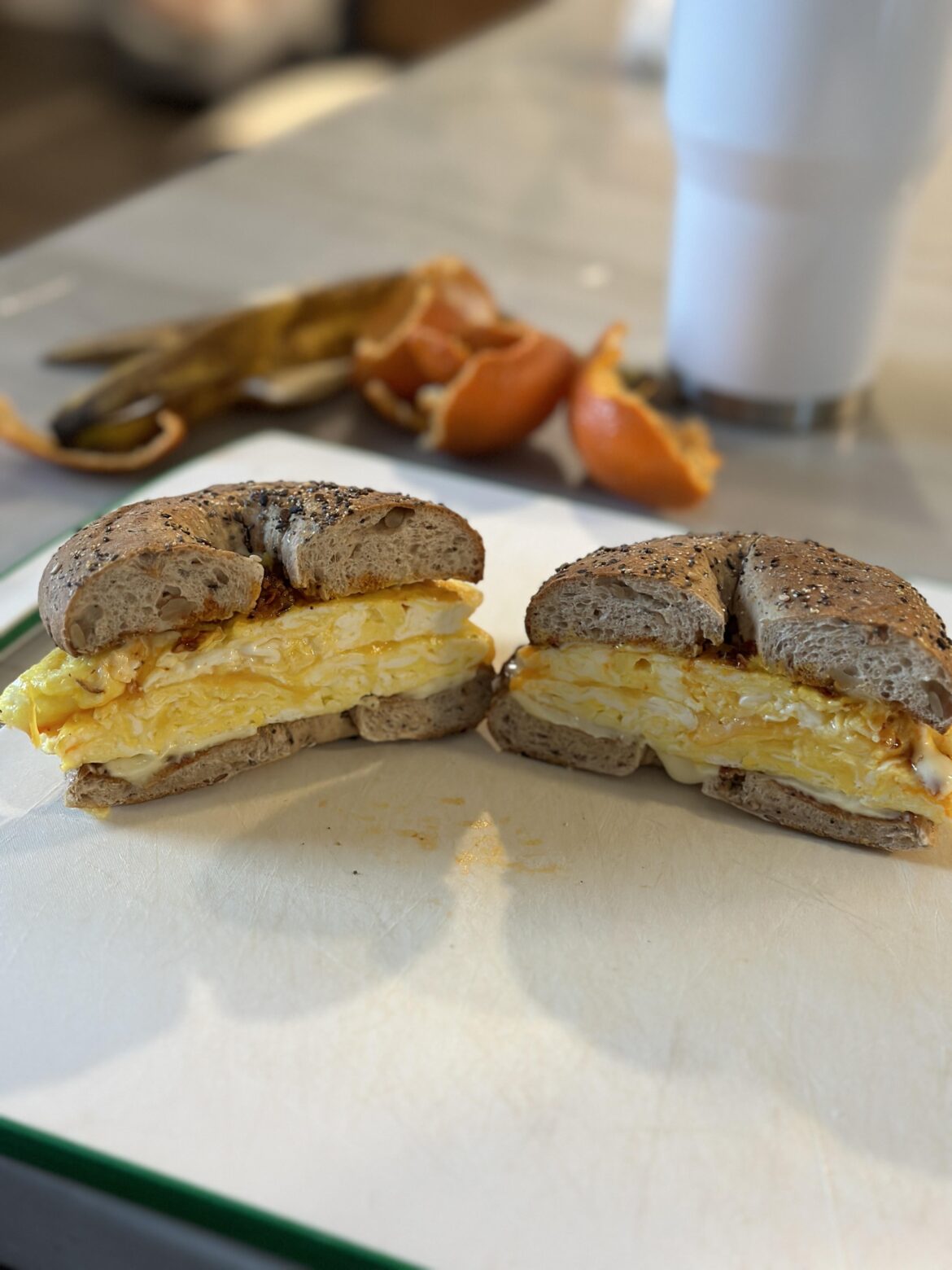 Egg sandwich. American cheese, Kewpie mayo and Mr. Bing chili crisp on an everything beagle