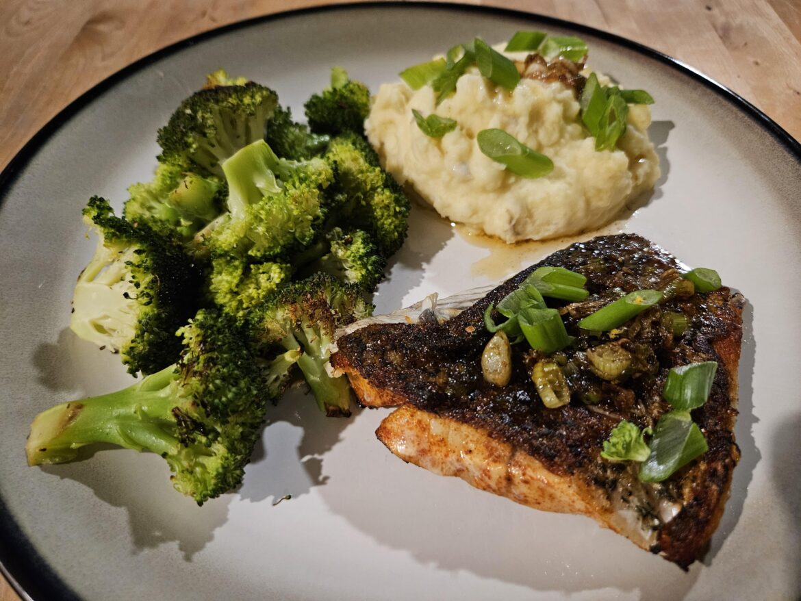 Smoky Barramundi with Brown Butter
plus Mashed Potatoes & Sautéed Broccoli