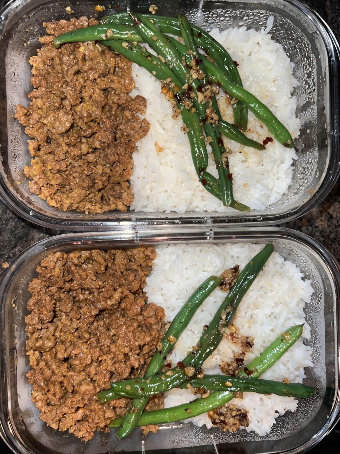 ground beef, green beans n white rice