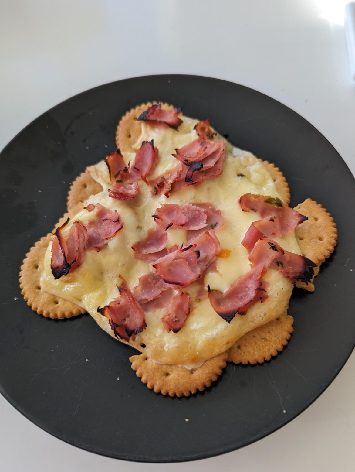 The slow cousin of nachos. Oven-warmed crackers with ham and cheese.