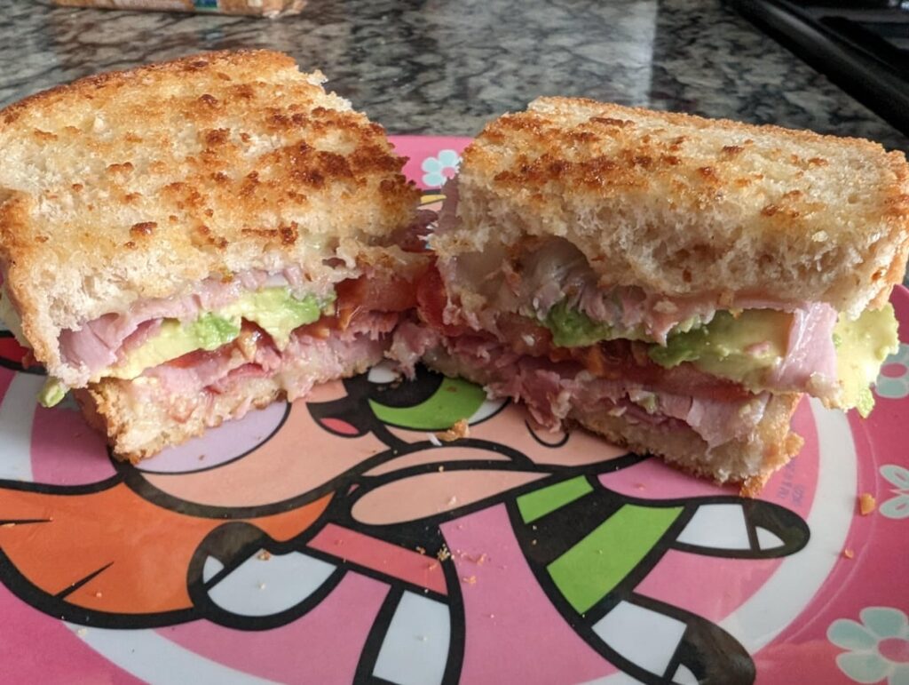 Oat bread, monterey jack, avocado, and tomato grilled melt style makes for one hell of a sandwich